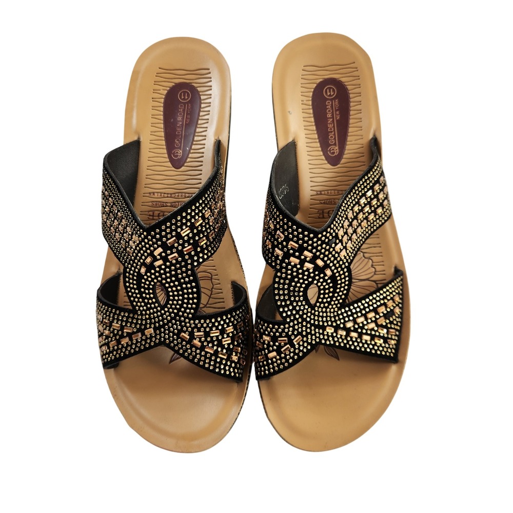 Golden Road Women's‎ Black Gold Rhinestone Wedge Sandals Shoes Size 11